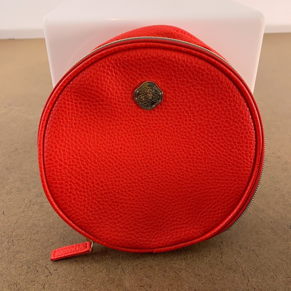 Shiseido Small Red Faux Leather Round Cosmetic Zipper Travel Bag New *Flaw